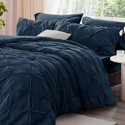 BEDELITE Navy Twin Comforter Set - 2 Peices Boho Pintuck Bedding Comforter Sets, Lightweight Soft & Warm Twin Bedding Sets with 1 Pillowcase for All Season