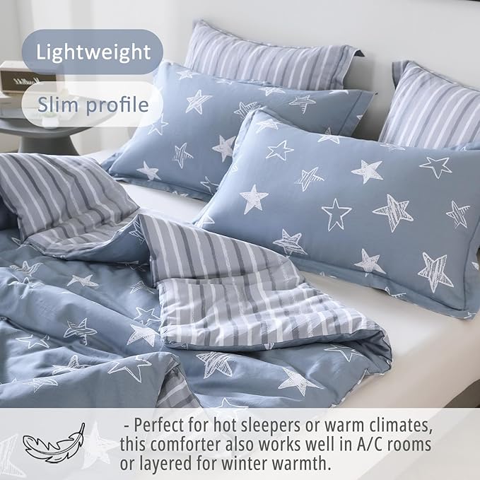 Blue Cotton Comforter Queen Size 3Pcs - White Doodle Style Stars on Denim Blue Front, Gray Stripes on Back, Reversible Lightweight Bedding Sets with Soft Fill(Queen, 90"×90")