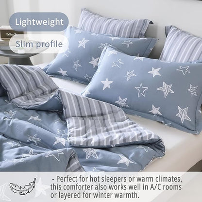 Blue Cotton Comforter King Size 3Pcs - White Doodle Style Stars on Denim Blue Front, Gray Stripes on Back, Reversible Lightweight Bedding Sets with Soft Fill(King, 104"×90")