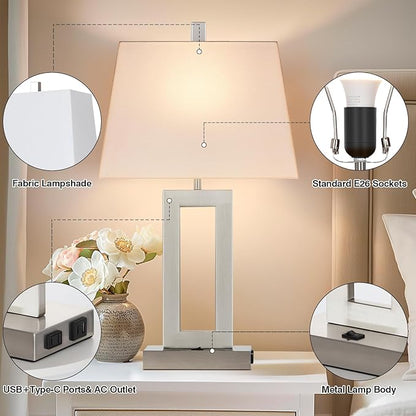Table Lamp Set of 2 with USB C+A Ports & AC Outlet, Bedside Lamps, Modern Bedroom Lamps, Silver Lamps for Night Stands Bedroom Living Room,Nightstand Lamp（Push Button Swich