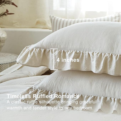 Beige Ruffle Comforter Set Twin, Pre-Washed Shabby Chic Bedding Set, Lightweight Cottagecore Soft Romantic Cozy 1 Comforter & 1 Sham, All-Season
