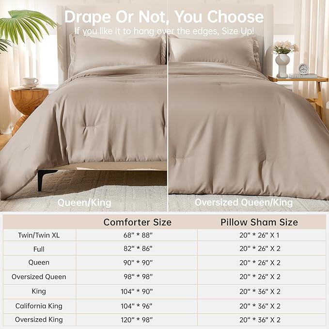 MUXHOMO King Size Comforter Set, All Season Ultra Soft Down Alternative Bedding - 3 Piece Lightweight Bed Set Includes 1 Comforter (104"x90") and 2 Pillow Shams (20"x36"), Dark Linen