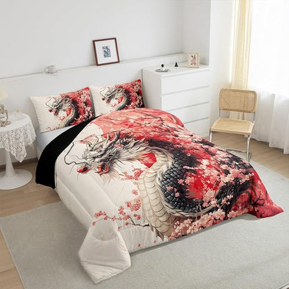 Erosebridal Girls Dragon Comforter Set King Size, Japanese Style Animal Down Comforter Cherry Blossoms Sakura Bedding Set Ancient Wildlife Quilt for Kids Teens Adult Women Bedroom Decor, Pink