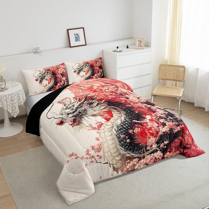 Erosebridal Girls Dragon Comforter Set Toddler Size, Japanese Style Animal Down Comforter Cherry Blossoms Sakura Bedding Set Ancient Wildlife Quilt for Kids Teens Adult Women Bedroom Decor, Pink