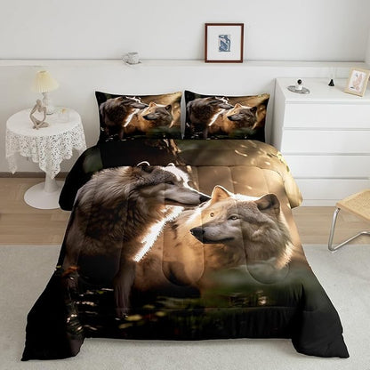 Erosebridal Wolf Queen Comforter Set,Hunting Wolf Bedding Set for Women Men Room Decor,Wildlife Animal Safari Bed Set Ethnic Tribal Bedding Comforter Sets,2 Pillowcases