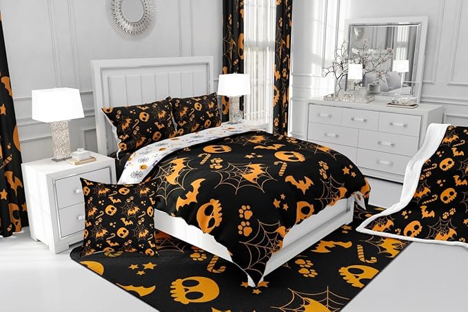 Erosebridal Cute Orange Halloween Queen Comforter Set Spider Web Skull Bat Bedding Set Spooky Goth Gothic Animal Bed Set Horror Halloween Quilt Set for Kids Teens Adults