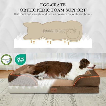 Comfort Expression Orthopedic Dog Bed for Large Dogs 35x22 Inch, Waterproof Supportive Egg Crate Foam Large Pet Bed with Removable Bolsters, Dog Couch with Washable Cover & Non-Slip Bottom, Brown