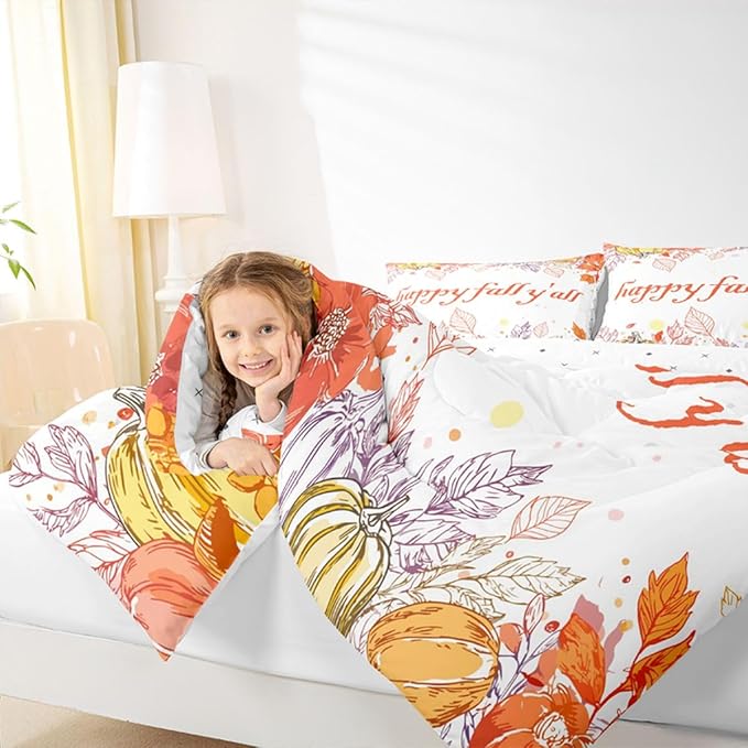 Watercolor Fall Pumpkin Comforter Set Twin,Happy Harvest Thanksgiving Theme Bedding Set For Kids Adults,Autumn Maple Leaf Botanical Comforterfall Rustic Farmhouse Bed Set 1 Pillow Case Orange