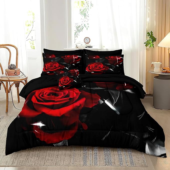 MUGINYU Western Farmhouse Comforter Set Queen, 8 Pieces Bed in a Bag Blue Teal Orange Bull Skull Print Highland Cow Ethnic Tribal Arrow Southwestern Bedding Set (Rose Black, Queen)