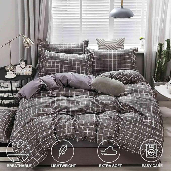 Faincy King Comforter Set, Grey Grid Gray Plaid Geometric Pattern Reversible Comforter - Size 104 x 90 3PCS Soft Microfiber Duvet Sets Modern Cottage Preppy Decor Bedding in a Bag for Women Men Teen