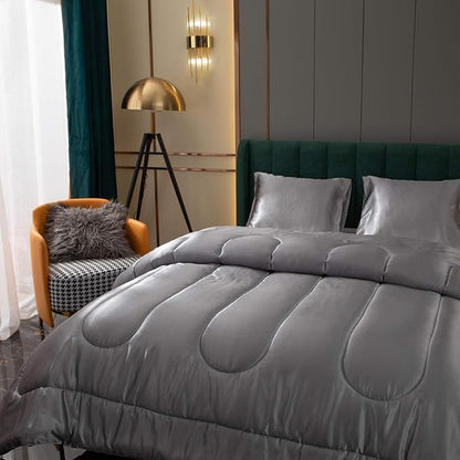 Bedding Dreamer Satin Comforter Queen Size Grey Silky Set with 2 Pillowcases