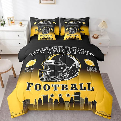 Erosebridal American Soccer Twin Bed in A Bag for Kids Boys Teen Adults,Sports Rugby 7 Pcs Bedding Set Football City Comforter Set with Sheets Ball Competitive Games Black Yellow Bed Set