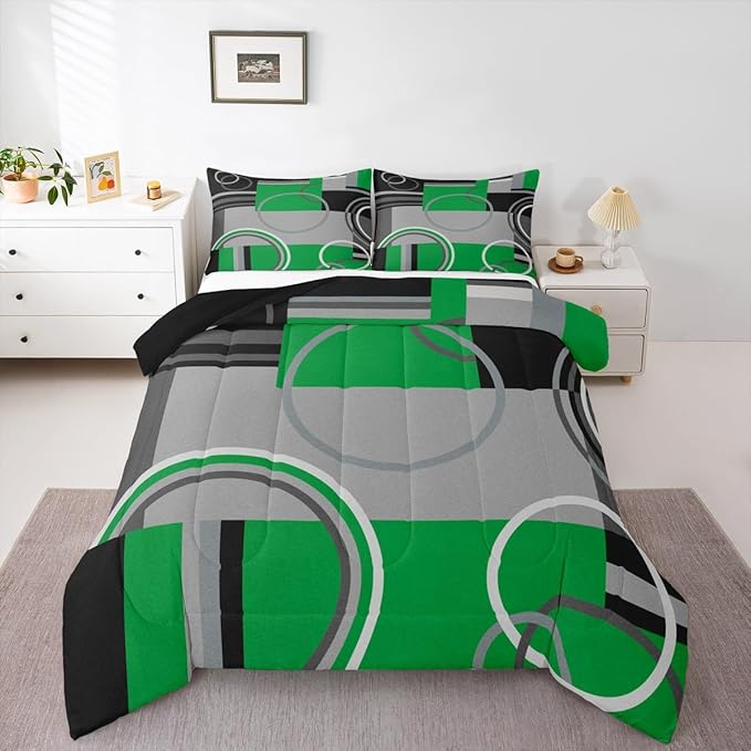 Peacock Green Comforter for Bedroom Decor Circles Spiral Duvet Insert Chic Black Grey White Down Comforter Queen Size Modern Swirls Square Quilt Set Abstract Graphic Texture Bedding Set