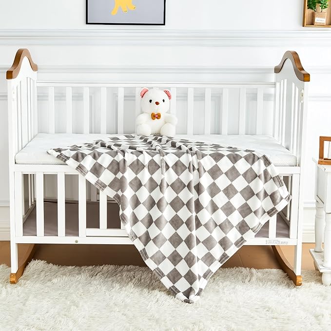 Yurhap Checkered Baby Blanket Fleece Baby Blankets Neutral for Boys Girls, Super Soft Warm Lightweight Infant Toddler Newborn Receiving Gifts for Crib Stroller, 30x40 Inch, Greige