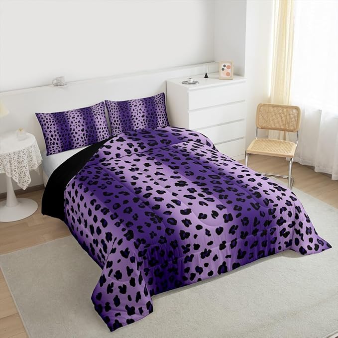 Erosebridal Leopard Print Queen Comforter Set for Kids Teens Adults,African Cheetah Print Bedding Set,Farmhouse Rustic Duvet Insert,Ombre Purple Bed Set for All Season