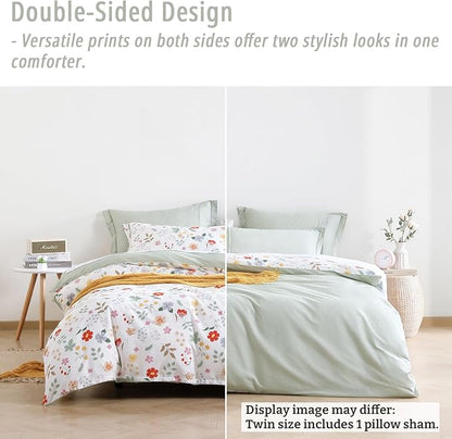 Botanical Cotton Comforter Twin Size 2Pcs - Colorful Flowers, Berries and Leaves on White, Chevron Sage Green Back, Lightweight Bedding Sets with Soft Fill(1 Comfoter, 1 Pillowcase)