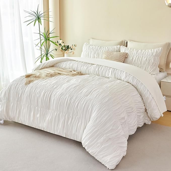 PERFEMET White Bedding Twin Size Set, 5 Pieces Fluffy Ruched Comforter Set, Luxury Soft Boho Chic Ruffled Bed in a Bag with Sheet, All Season Farmhouse Pleated Texture Bed Sets(White, Twin)