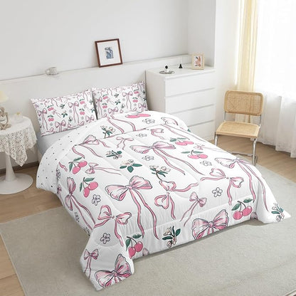 Feelyou Pink Girls Bow Comforter Set for Kids Boys Girls Kawaii Cherry Print Comforter Full Size Cute Bowknot Bedding Set Bedroom Decor Floral Botanical Duvet Set Kawaii Quilt Set 3Pcs