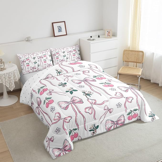 Feelyou Pink Girls Bow Comforter Set for Kids Boys Girls Kawaii Cherry Print Comforter Toddler Size Cute Bowknot Bedding Set Bedroom Decor Floral Botanical Duvet Set Kawaii Quilt Set 2Pcs
