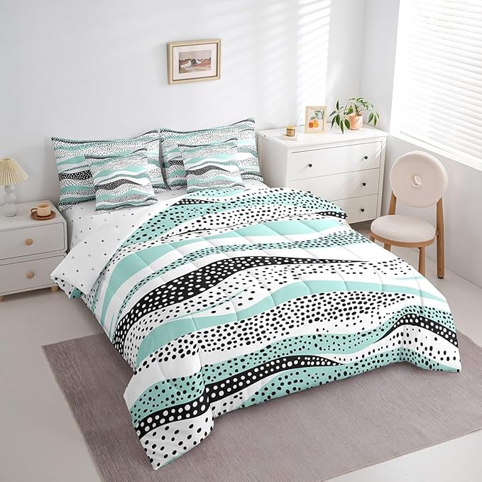 Erosebridal Geometric Wave Bedding Comforter Sets 7pcs Teal White Bed in a Bag, Black Polka Dots Queen Bedding Sets Modern Abstract Art Comforter Set, Vintage Minimalist Bedding Sets & Collections