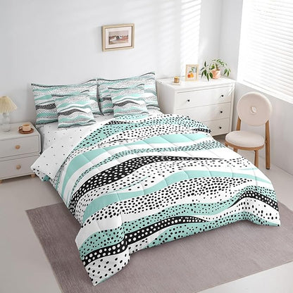 Erosebridal Geometric Wave Bedding Comforter Sets 7pcs Teal White Bed in a Bag, Black Polka Dots Queen Bedding Sets Modern Abstract Art Comforter Set, Vintage Minimalist Bedding Sets & Collections