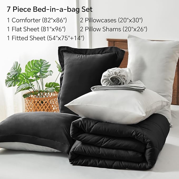 BEDELITE Full Size Comforter Sets 7 Pieces Bed in A Bag - Soft Microfiber Reversible Black Bed Set with Comforters, Sheets, Pillowcases & Shams, Cozy Luxury Bedding Sets for All Season