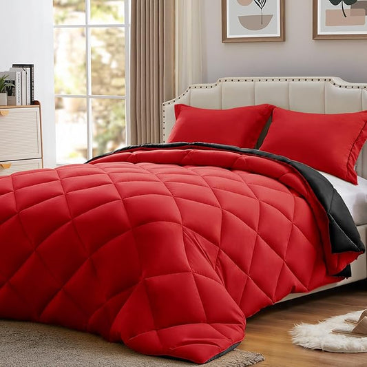 NexHome King Size Comforter Set Black&Red, 3 Pieces Lightweight Reversible Comforter King Size, All Season Fluffy Down Alternative Comforter Bed Set Quilt Blanket(102x90 in Comforter & 2 Pillowsham)