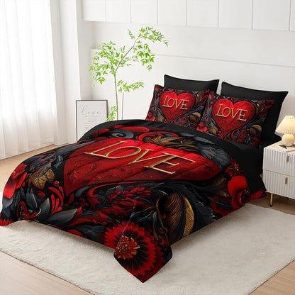7 Piece Red Heart Comforter Set King Size，Black and Gold Flowers Bedding King Set ，(1 Comforter, 1 Flat Sheet, 1 Fitted Sheet, 2 Pillowcase and 2 Pillow Sham)，Valentine's Day Decor Bedroom