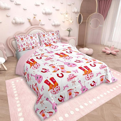 Erosebridal Cowgirl Western Bedding Set, Pink Bowknot Comforter Set King Size for Kids Teens Girls Women Bedroom Decor, Boots Horseshoe Down Comforter, Dreamy Princess Quilt, Lightweight