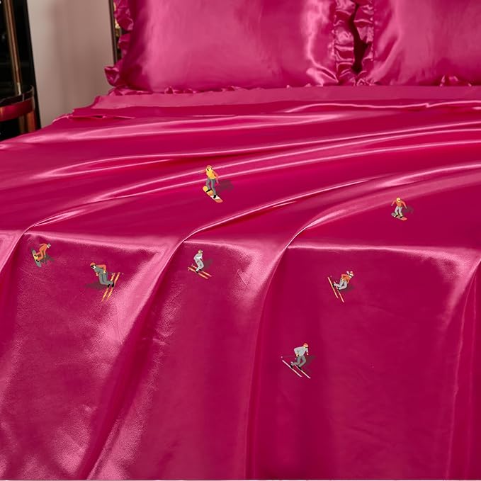 Bedding_Dreamer Queen Size Satin Bed in a Bag Hot Pink Bedding Set Silk Like Silky Comforter Set Sexy Silky Sheet Set Luxury Hotel Room Decor Womens Girly Bed Sets Ruffled Gothic Down Comforter 8 Pcs