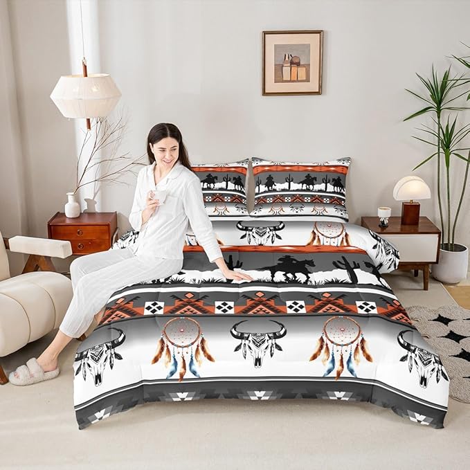 Erosebridal Twin Size Western Horse Comforter Set Longhorn Skull Dream Catcher Boho Bedding Set for Kids Boys Teens Adult Bedroom, Cowboy Aztec Quilt Southwestern Geometric Duvet Insert, Grey