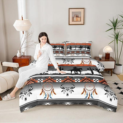 Erosebridal Twin Size Western Horse Comforter Set Longhorn Skull Dream Catcher Boho Bedding Set for Kids Boys Teens Adult Bedroom, Cowboy Aztec Quilt Southwestern Geometric Duvet Insert, Grey