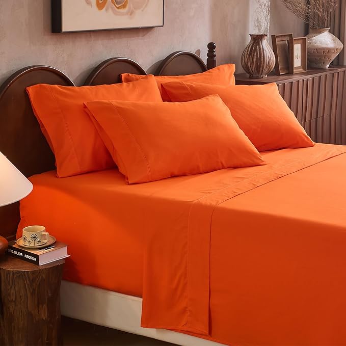 100% Linen Sheet Set King Size Extra Deep Pocket Fits 18-24 Inch Mattress, Breathable & Soft, Smooth 6-Piece Set for Thick Mattresses Hotel Luxury Bedding（King, Orange）