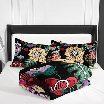 3 Pieces Colorful Floral Comforter Set,Paisley Bedding Set Full Size,Boho Farmhouse Flower Leaves Printed on Black Design,All Season Lightweight Soft Microfiber Bedding with 2 Pillow Shams