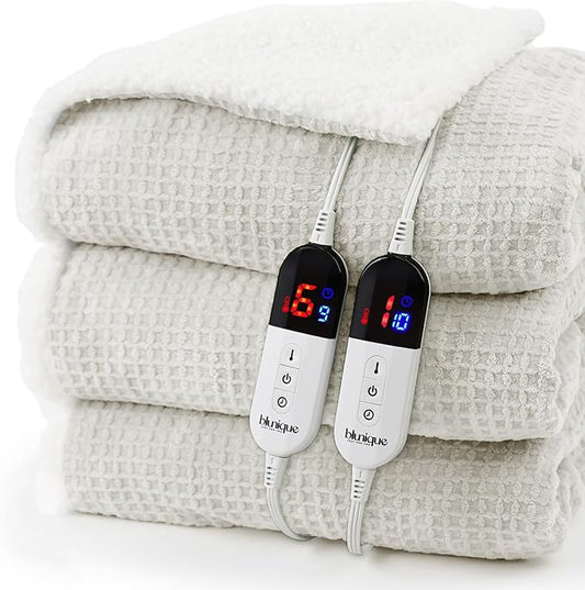 Heated Blanket Electric Blanket Queen Waffle, 84x90 Inches Dual Controllers Sherpa Fleece Fast Heating Blanket 6 Heating Levels & 10 Hours Auto Off ETL Certification,Beige Queen
