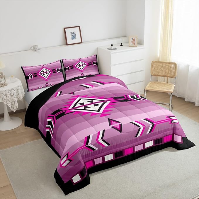 Erosebridal Western Aztec Quilt Set Pink Black Boho Comforter Set Toddler for Kids Girls Adults Women,American Native Southwestern Bedding Sets Ethnic Exotic Tribal Geometric Bed Set 2 Pcs