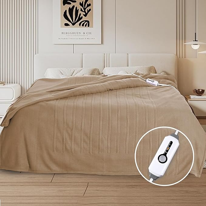 Electric Heated Blanket Full Size 72"x84",Fast Heating Throw, Soft Fleece for Bed & Sofa, 10 Hours Auto Off & 4 Heating Levels, Machine Washable, Gifts for Grandma & Family-Light Brown
