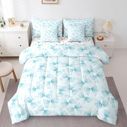 Feelyou Blue Bow Comforter Set with Sheets King Size Kids Bowknot 7 Pieces Bedding Set for Boys Girls Teens Gift for Girls Women Bed in a Bag Breathable Princess Décor Bed Set