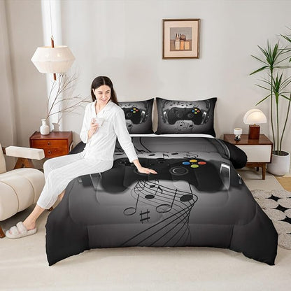 Gamer Comforter Set Twin Size,Black Grey Headphones Musical Design Games Gamepad Bedding Set for Kids Boys Video Game Room Decor Retro Playing Gamer Down Comforter Gaming Controller Quilted Duvet Set