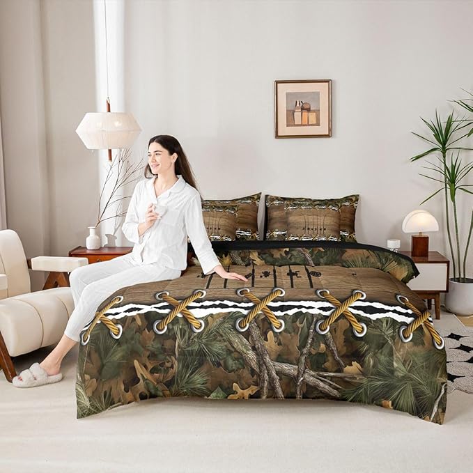 Erosebridal Camo Cabin Full Size Bed Sheets and Comforter Set | Fishing Pole 7 Piece Bedding Set Mens Country Camouflage Bed in a Bag, Woodland Animals Room Decor,Hunting Rustic Farmhouse Decor