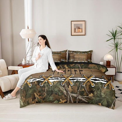 Erosebridal Camo Cabin Twin Comforter Set with Sheets | Fishing Pole 7 Piece Bedding Set Mens Country Camouflage Bed in a Bag, Woodland Animals Room Decor,Hunting Rustic Farmhouse Decor Camo Bed Set