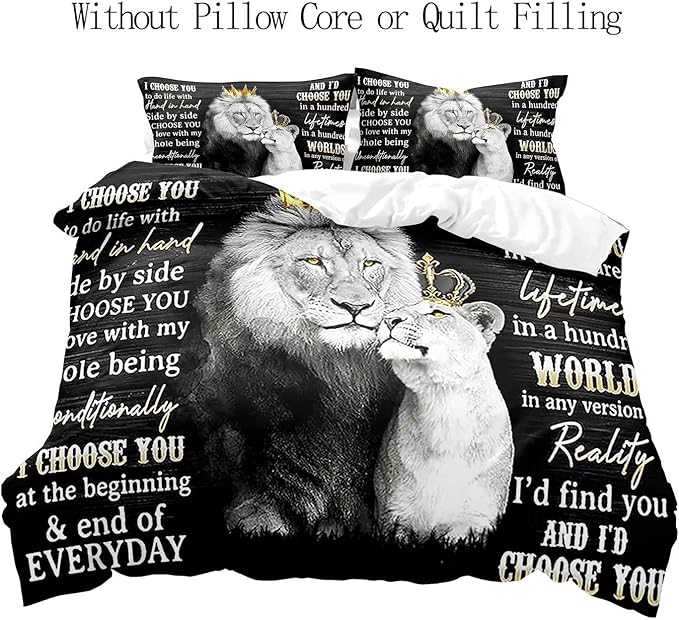 VIVIHOME 3PCS Lion King & Queen Bedding Set, African Safari Animal Black Bedding, Comforter Cover, Wedding Valentines Bedroom Decor for Couples, Romantic Lion Couple Gifts, I Choose You, 2 Pillowcases