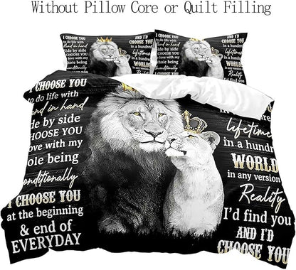 VIVIHOME 3PCS Lion King & Queen Bedding Set, African Safari Animal Black Bedding, Comforter Cover, Wedding Valentines Bedroom Decor for Couples, Romantic Lion Couple Gifts, I Choose You, 2 Pillowcases