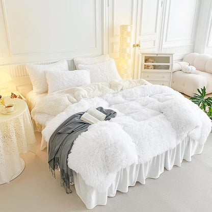 UOZZI BEDDING White Faux Fur Comforter Set King 3 Pieces - 1 White Shaggy Comforter with 2 Pillowcases - Ultra Soft and Easy Care Luxury Plush Warm Winter Duvet Set