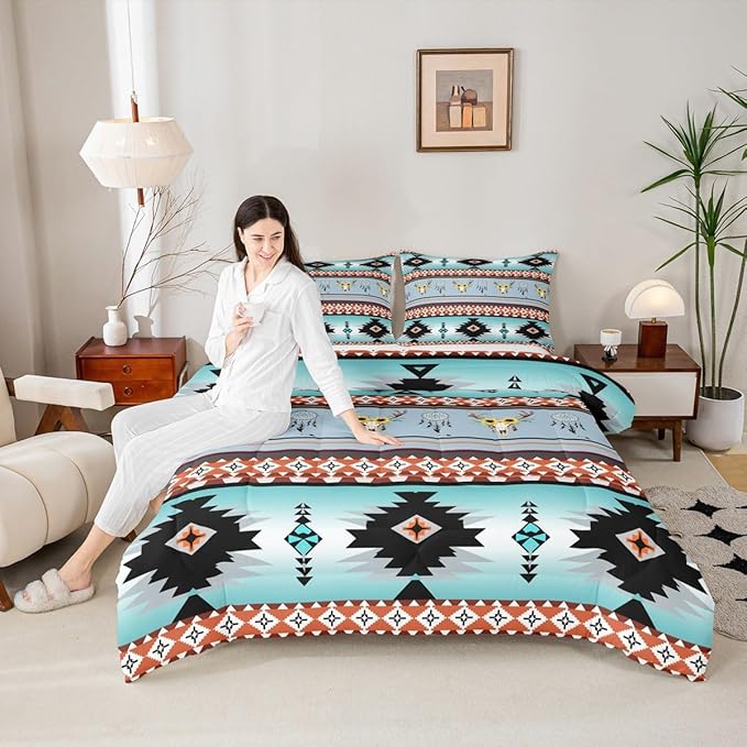 Erosebridal Western Boho Bedding Sets Twin,Longhorn Cow Dream Catchers Quilt Southwestern Comforter Set,Ethnic Tribe Arrow Aztec Duvet Insert Exotic Sunflower Bull Skull Bohemian Decor