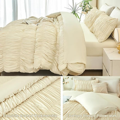 PERFEMET Beige Ruched Comforter Set Twin Size, 5 Pieces Boho Ruffle Bed in a Bag with Sheets, Soft Fluffy Pleated Texture Bedding Set All Season Lightweight Shabby Chic Bed Set(Beige, Twin)
