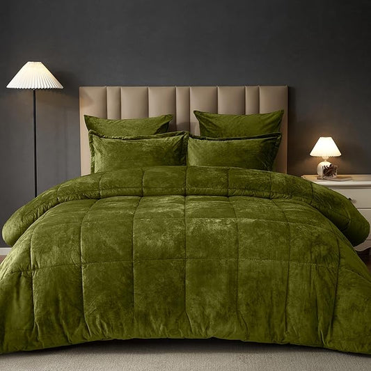 PHF Double-Sided Velvet Comforter Set King Size, 5 Piece Soft Luxury Winter Warm Bedding Sets, Modern Bed in A Bag Including 1 Cozy Comforter, 2 Pillow Shams,2 Euro Shams for Home Decor, Olive Green