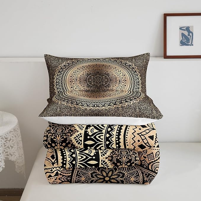 Castle Fairy Brown Black Mandala Comforter Set Twin Size,Boho Paisley Duvet Insert for Kid Teen Boys Girls Room Decor,Art Boho Quilted Duvet,Hippie Mandala Quilt Cover with 1 Pillowcase