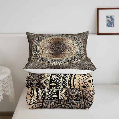 Castle Fairy Mandala Boho Comforter Set for Boys Girls Kids Teens,3-Pieces Brown Black Bohemian Bedding Comforter Full Size,Psychedelic Printed Quilt Set with 2 Pillowcases