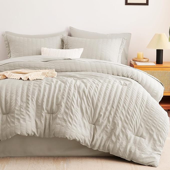 CozyLux Twin Comforter Set with Sheets Seersucker 5 Pieces, Beige Bed in a Bag for Bedroom, Textured Luxury Soft Bedding Set with Down Alternative Comforter, Sheets, Pillowcase & Sham for All Seasons
